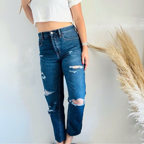OLD NAVY Dark Blue Wash High Rise Slouchy Straight Leg Denim Distressed Jeans 8 - Picture 13 of 14